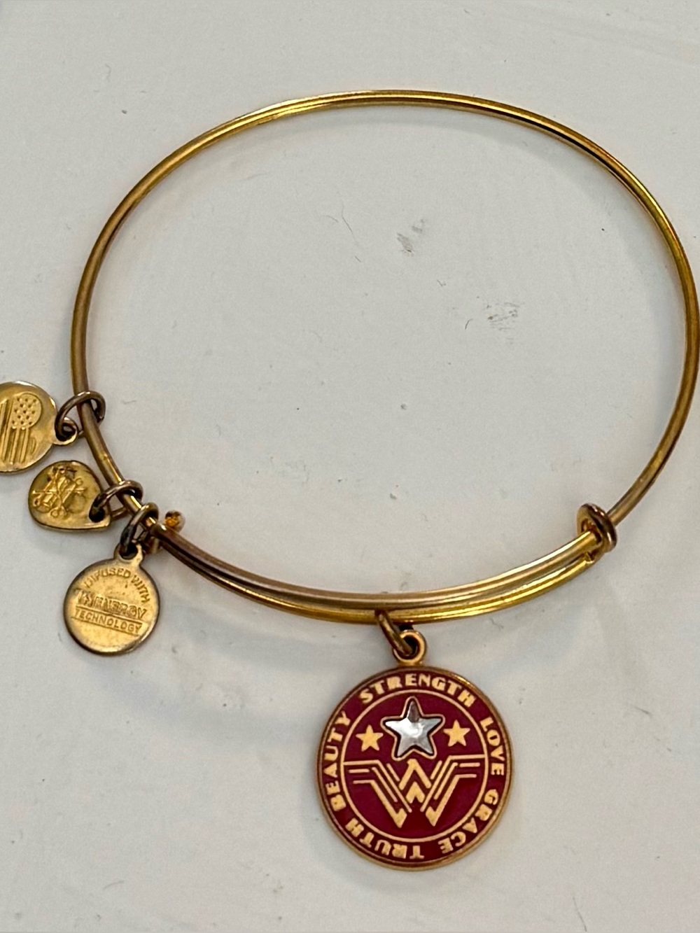 Alex and Ani Gold-Tone Wonder Woman Red and Gold Charm Bangle Bracelet